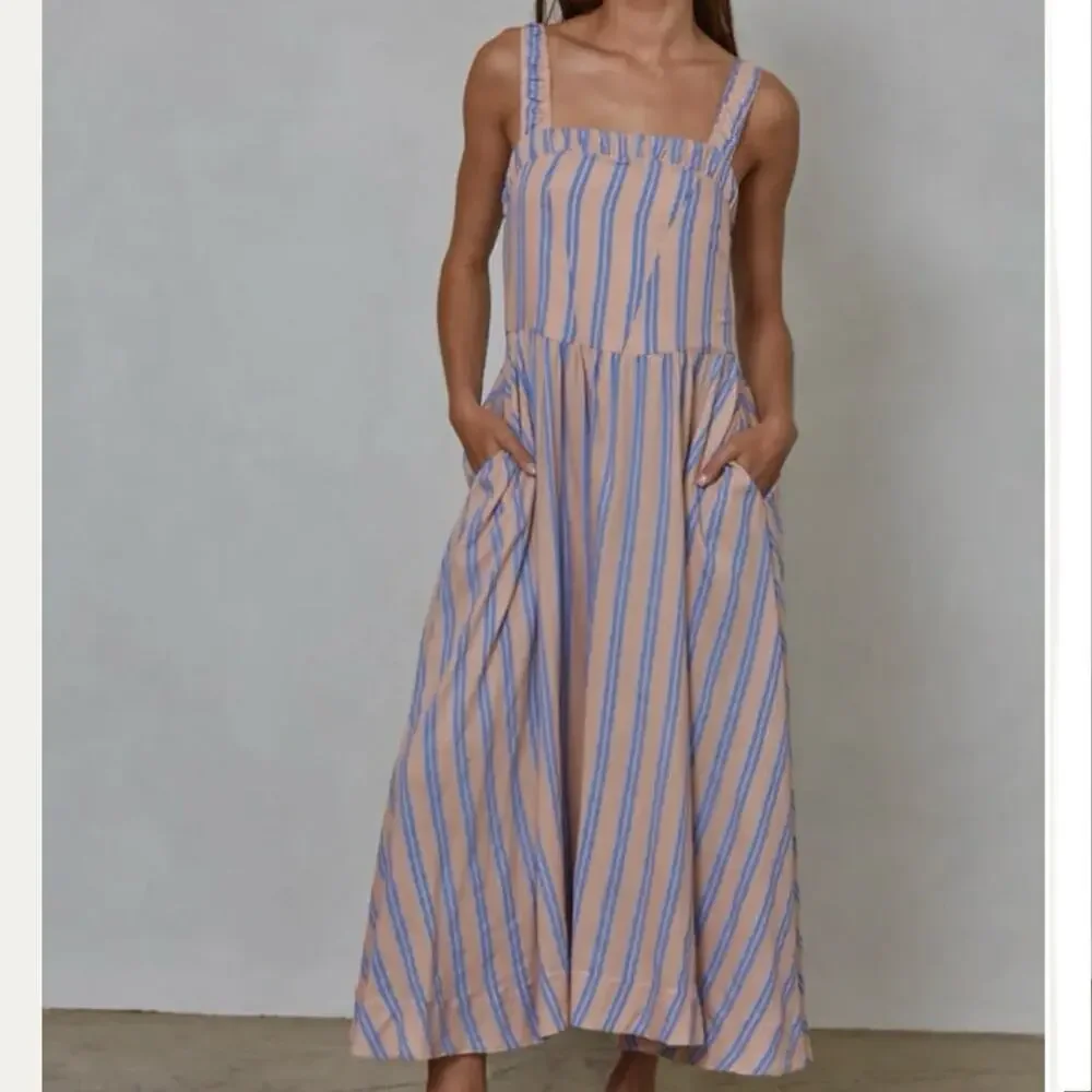 blue and pink striped maxi dress Summer Wedding Guest Clothes Striped Tiered Maxi Dress Spaghetti Strap